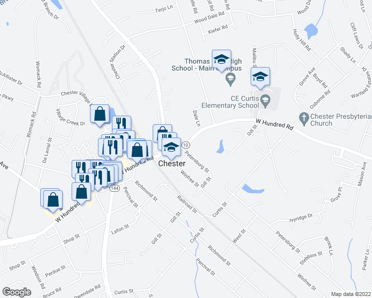 map of restaurants, bars, coffee shops, grocery stores, and more near 3909 Virginia 10 in Chester