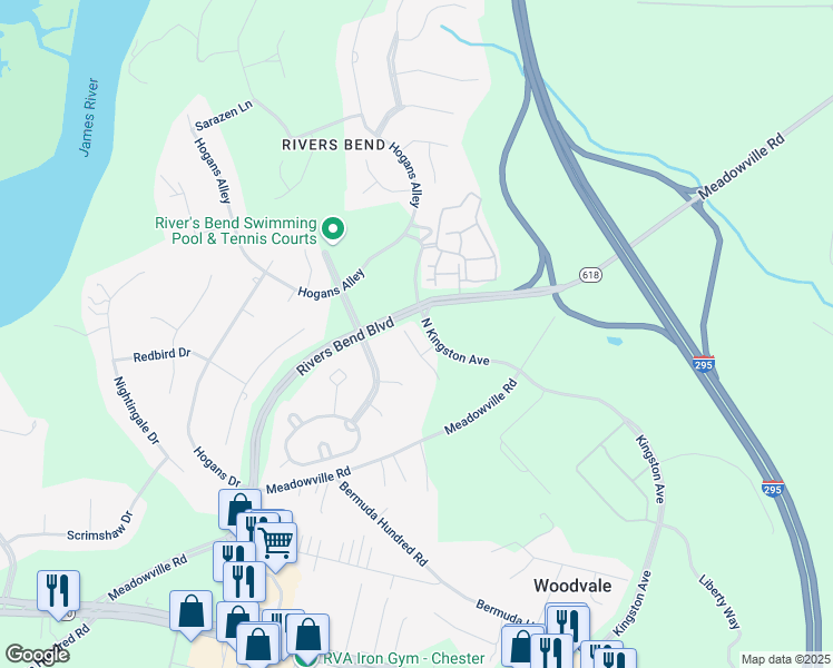 map of restaurants, bars, coffee shops, grocery stores, and more near 12221 Rivers Bend Boulevard in Chester