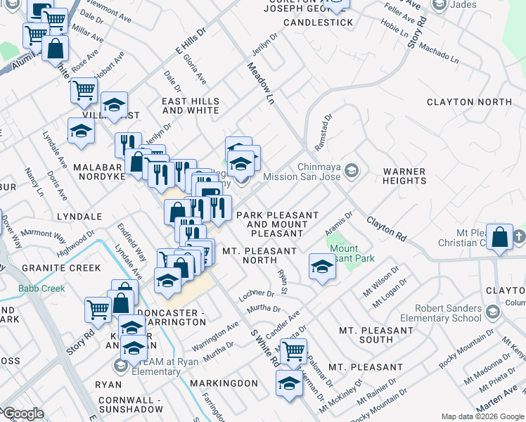 map of restaurants, bars, coffee shops, grocery stores, and more near 1140 Garber Place in San Jose
