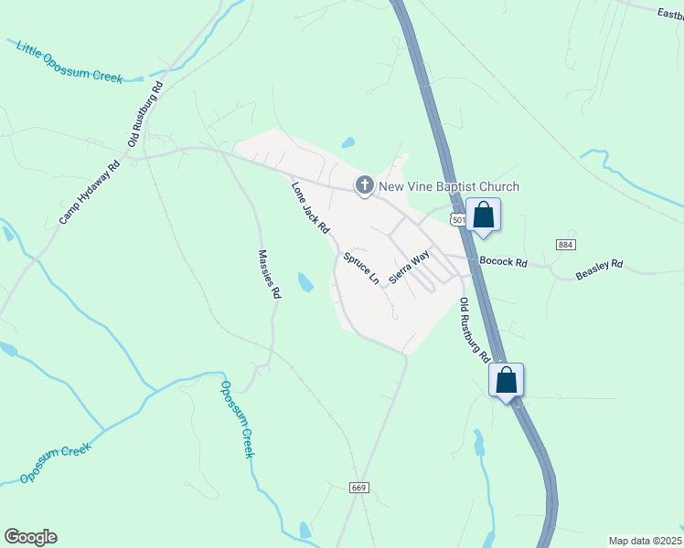 map of restaurants, bars, coffee shops, grocery stores, and more near 2509 Lone Jack Road in Lynchburg