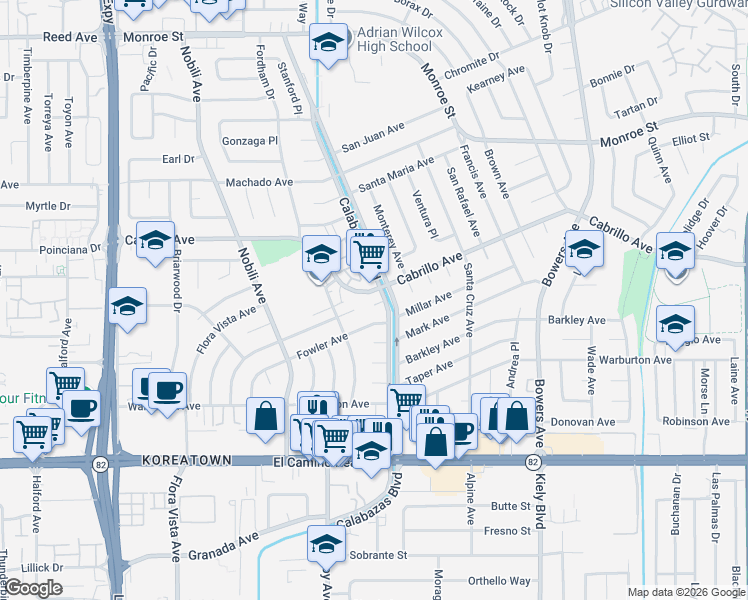 map of restaurants, bars, coffee shops, grocery stores, and more near 3175 Colfax Court in Santa Clara
