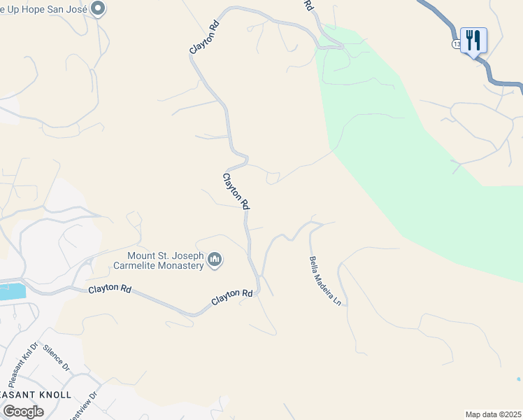 map of restaurants, bars, coffee shops, grocery stores, and more near 12610 Clayton Road in San Jose