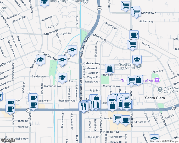 map of restaurants, bars, coffee shops, grocery stores, and more near 2361 Castro Place in Santa Clara