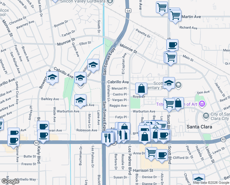 map of restaurants, bars, coffee shops, grocery stores, and more near 2361 Castro Place in Santa Clara