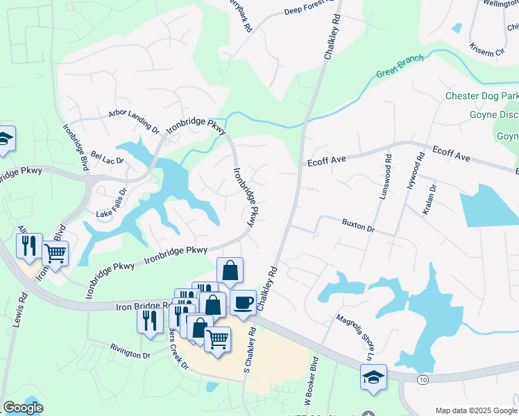 map of restaurants, bars, coffee shops, grocery stores, and more near 6007 Hidden Arbor Place in Chester