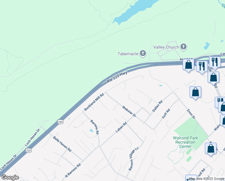 map of restaurants, bars, coffee shops, grocery stores, and more near 6121 Buckland Mill Road in Hollins