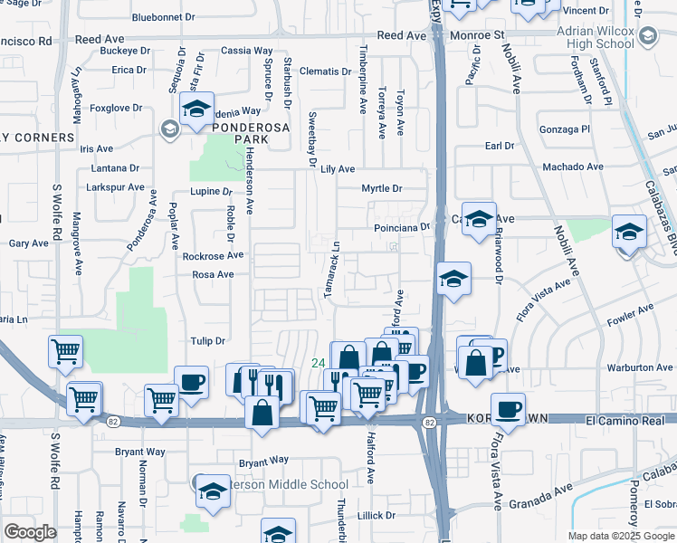 map of restaurants, bars, coffee shops, grocery stores, and more near 920 Tamarack Lane in Sunnyvale