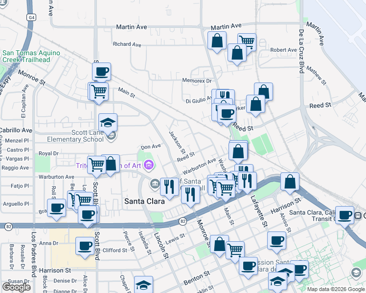 map of restaurants, bars, coffee shops, grocery stores, and more near 1187 Reed Street in Santa Clara