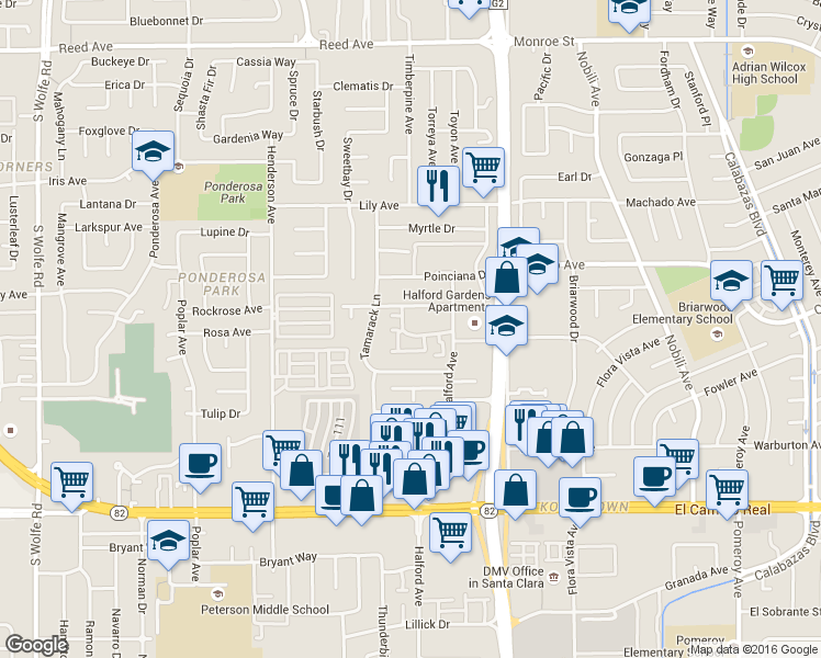 map of restaurants, bars, coffee shops, grocery stores, and more near 1908 Magdalena Circle in Santa Clara