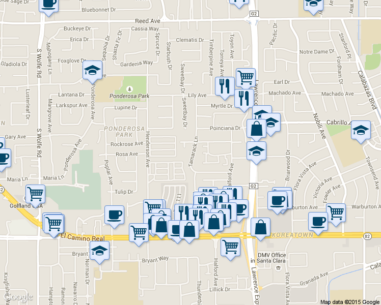 map of restaurants, bars, coffee shops, grocery stores, and more near 940 Tamarack Lane in Sunnyvale
