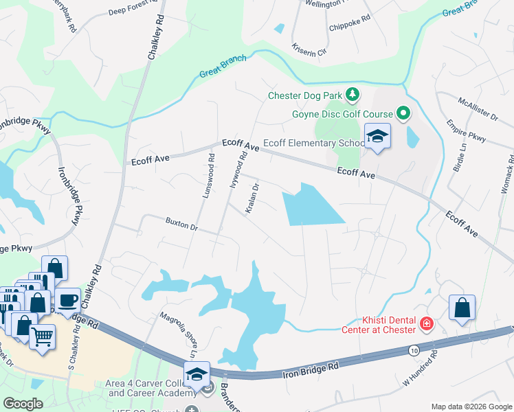 map of restaurants, bars, coffee shops, grocery stores, and more near 5405 Kralan Court in Chester