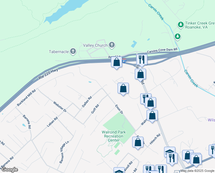 map of restaurants, bars, coffee shops, grocery stores, and more near 8005 Enon Drive in Roanoke