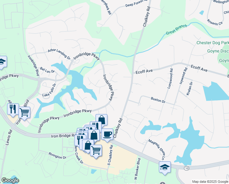 map of restaurants, bars, coffee shops, grocery stores, and more near 6007 Hidden Arbor Place in Chester