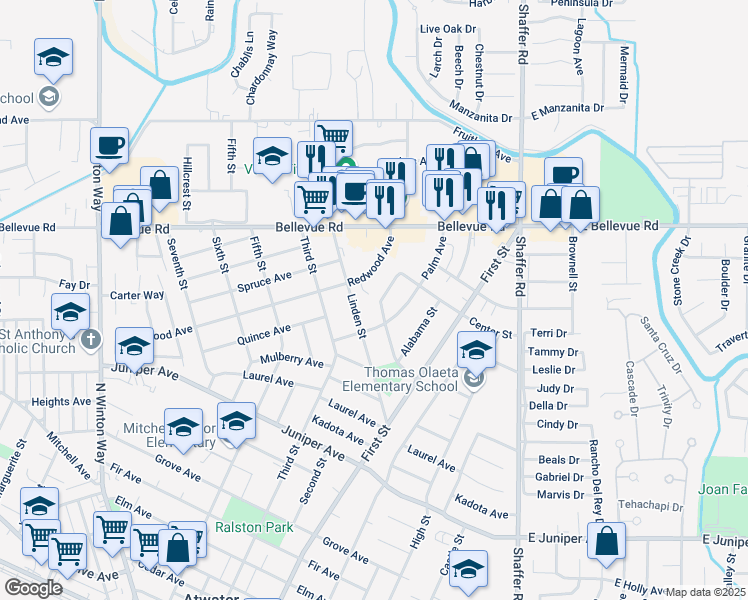 map of restaurants, bars, coffee shops, grocery stores, and more near 2341 Village Circle Drive in Atwater