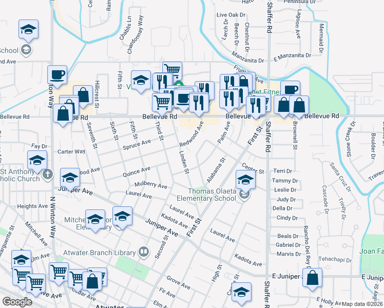 map of restaurants, bars, coffee shops, grocery stores, and more near 2341 Village Circle Drive in Atwater