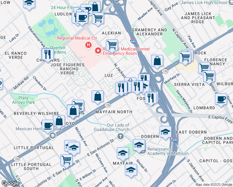 map of restaurants, bars, coffee shops, grocery stores, and more near 2177 Alum Rock Avenue in San Jose