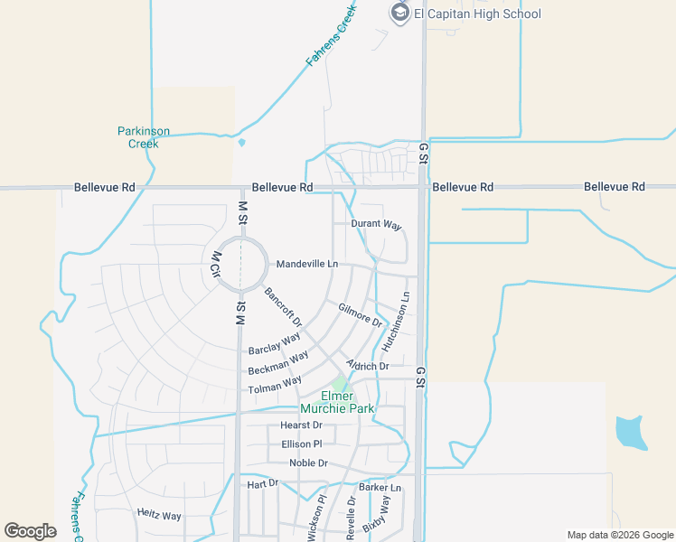 map of restaurants, bars, coffee shops, grocery stores, and more near 4792 Barclay Way in Merced