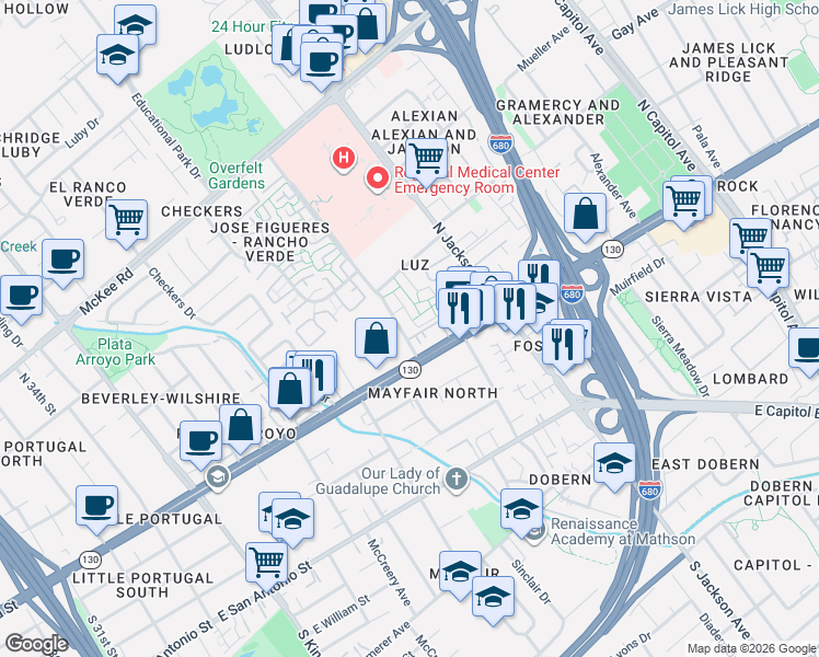 map of restaurants, bars, coffee shops, grocery stores, and more near 2177 Alum Rock Avenue in San Jose