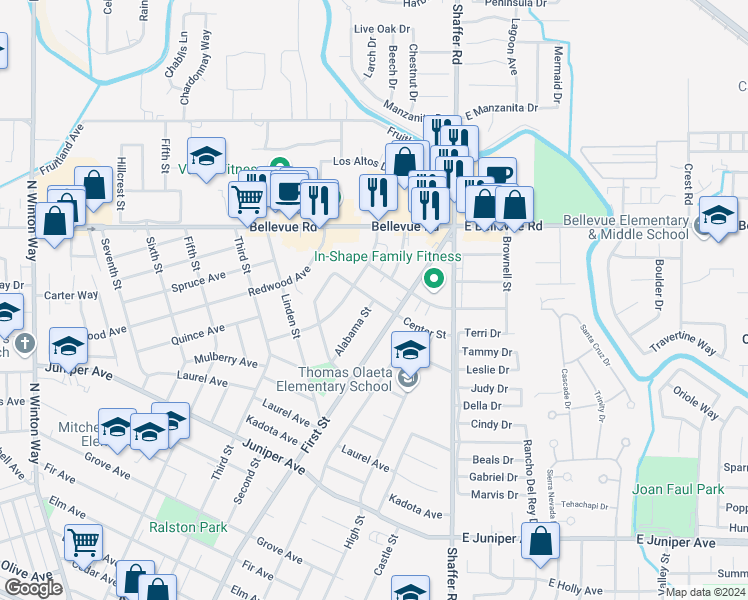 map of restaurants, bars, coffee shops, grocery stores, and more near Alabama Street in Atwater