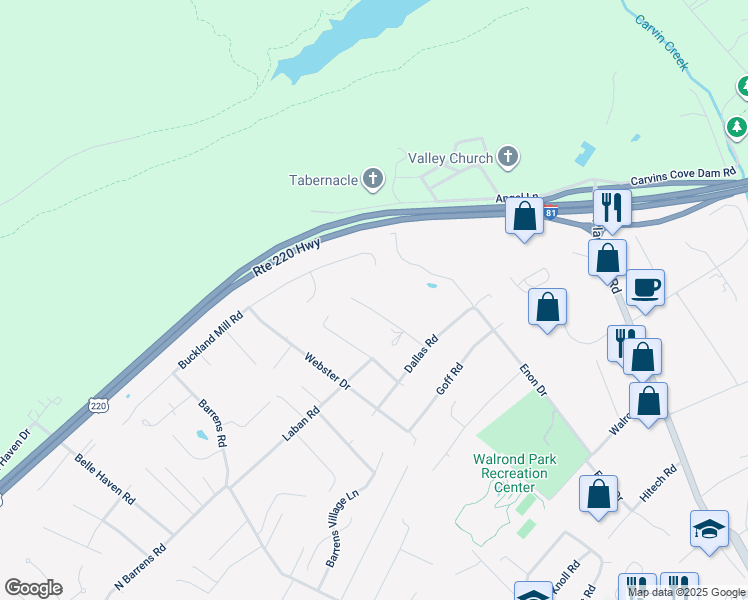map of restaurants, bars, coffee shops, grocery stores, and more near 8217 College Drive in Hollins