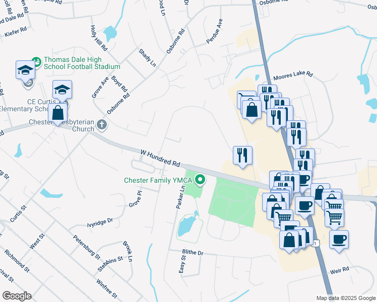 map of restaurants, bars, coffee shops, grocery stores, and more near 3049 Woodside Road in Chester