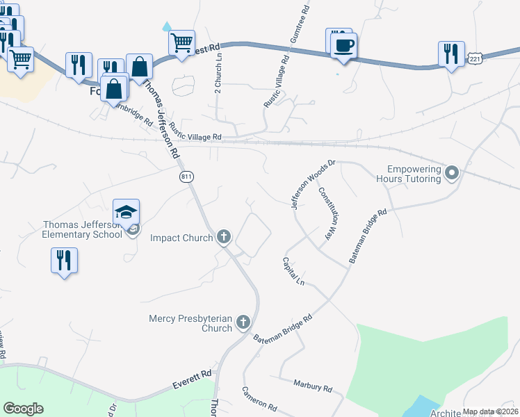 map of restaurants, bars, coffee shops, grocery stores, and more near 1231 Jefferson Way in Forest