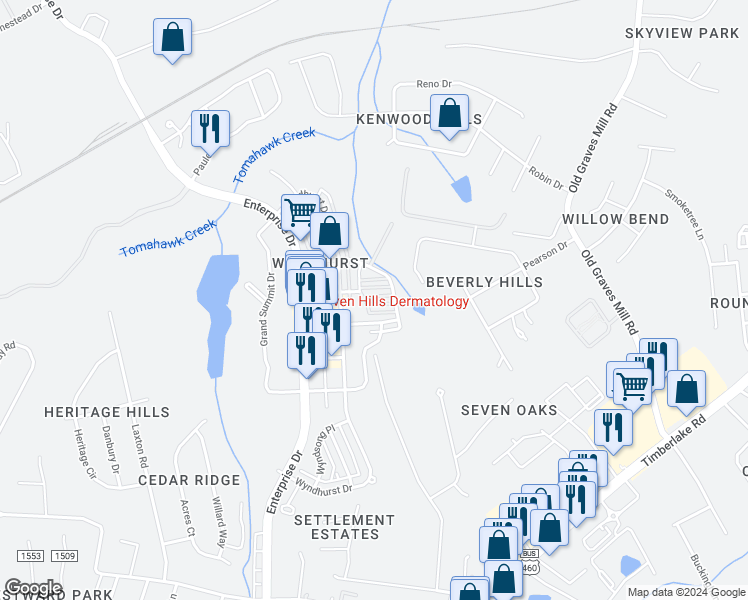 map of restaurants, bars, coffee shops, grocery stores, and more near 120 Margate Drive in Lynchburg
