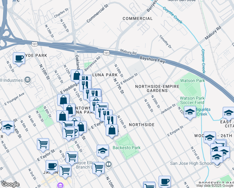 map of restaurants, bars, coffee shops, grocery stores, and more near 770 North 16th Street in San Jose