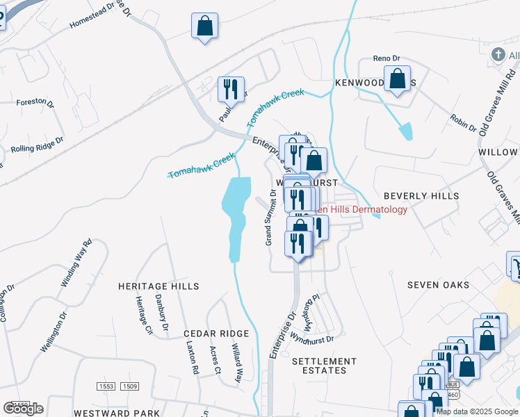 map of restaurants, bars, coffee shops, grocery stores, and more near 102 Panorama Point in Lynchburg