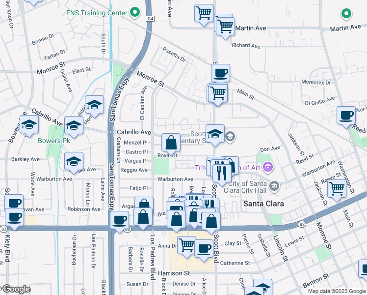 map of restaurants, bars, coffee shops, grocery stores, and more near 2150 Menzel Place in Santa Clara