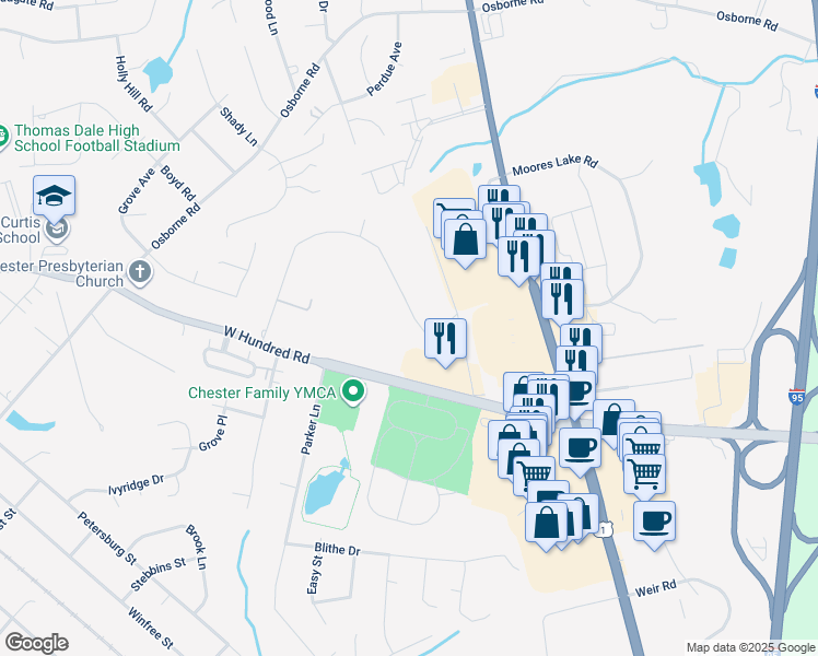 map of restaurants, bars, coffee shops, grocery stores, and more near 2909 Mountclair Road in Chester