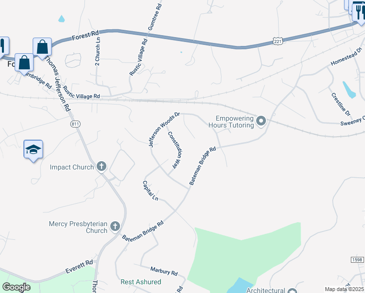 map of restaurants, bars, coffee shops, grocery stores, and more near 116 Constitution Way in Forest