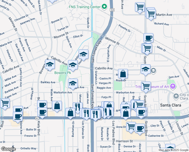 map of restaurants, bars, coffee shops, grocery stores, and more near 1884 Graham Lane in Santa Clara