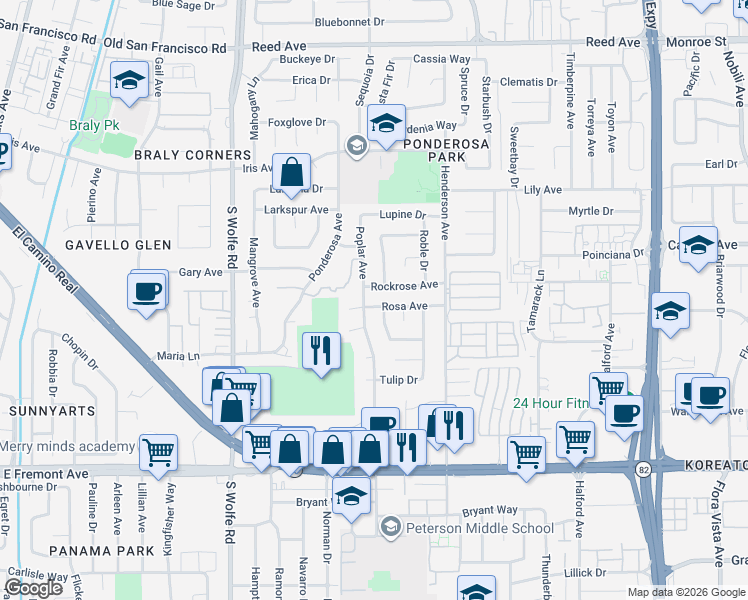 map of restaurants, bars, coffee shops, grocery stores, and more near 916 Poplar Avenue in Sunnyvale