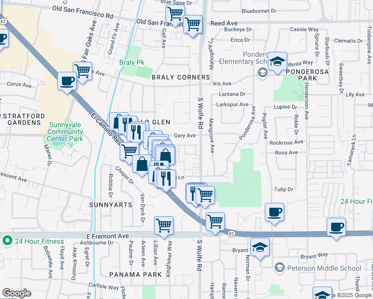 map of restaurants, bars, coffee shops, grocery stores, and more near 948 Bellomo Avenue in Sunnyvale