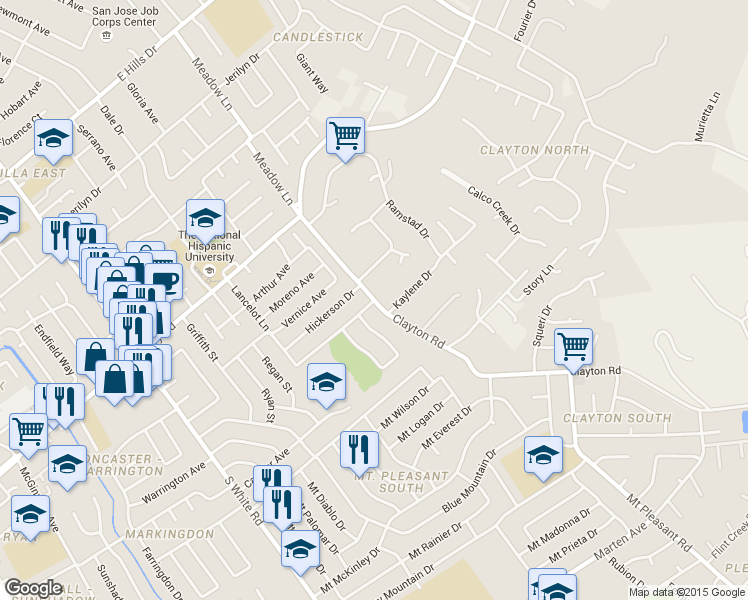 map of restaurants, bars, coffee shops, grocery stores, and more near Clayton Rd & Aramis Dr in San Jose