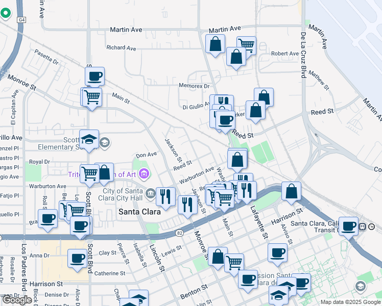 map of restaurants, bars, coffee shops, grocery stores, and more near 1922 Main Street in Santa Clara