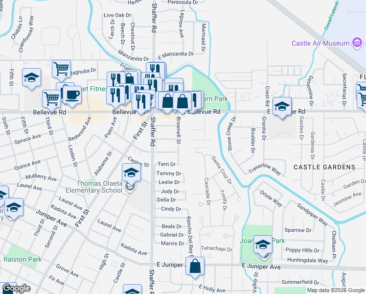 map of restaurants, bars, coffee shops, grocery stores, and more near 430 Vaca Circle in Atwater
