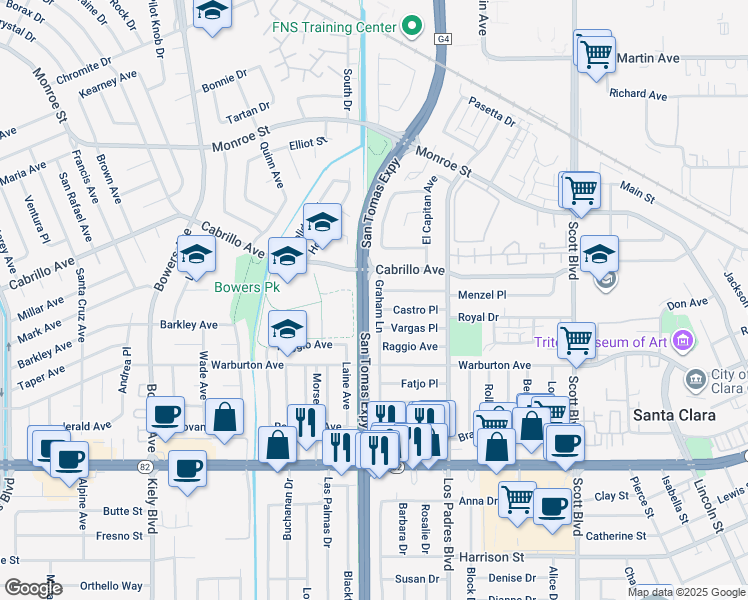 map of restaurants, bars, coffee shops, grocery stores, and more near 1884 Graham Lane in Santa Clara