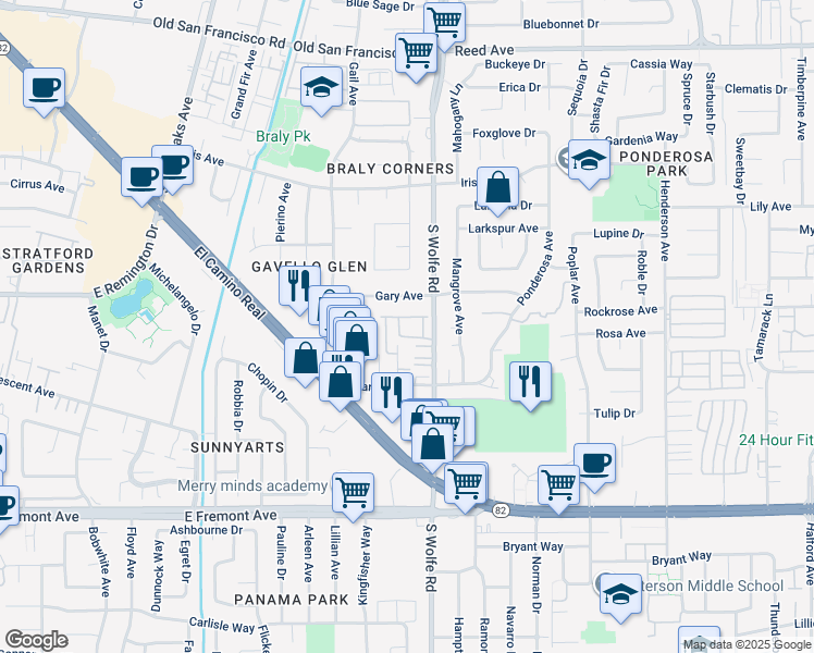 map of restaurants, bars, coffee shops, grocery stores, and more near 925 South Wolfe Road in Sunnyvale