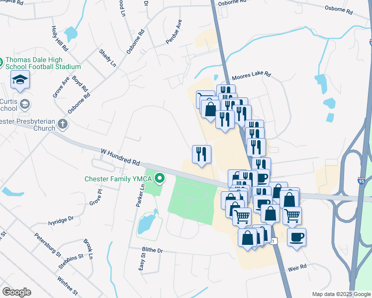 map of restaurants, bars, coffee shops, grocery stores, and more near 2909 Mountclair Road in Chester