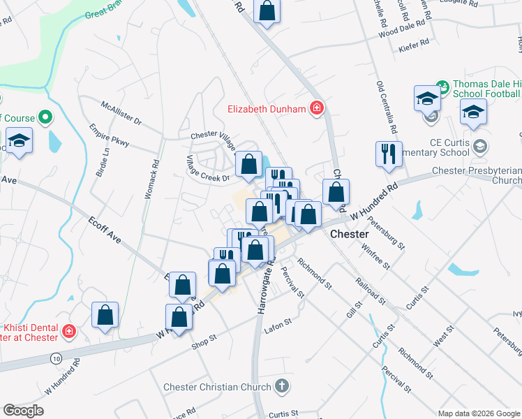 map of restaurants, bars, coffee shops, grocery stores, and more near 4201 Festival Drive in Chester