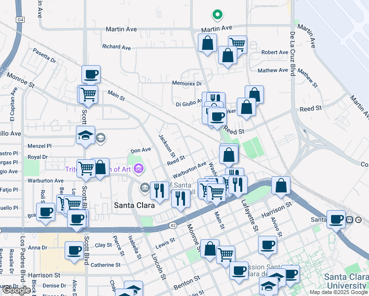 map of restaurants, bars, coffee shops, grocery stores, and more near 1922 Main Street in Santa Clara