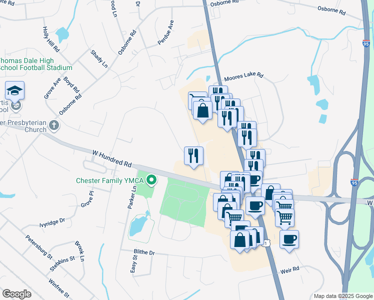 map of restaurants, bars, coffee shops, grocery stores, and more near 2900 Mountclair Road in Chester