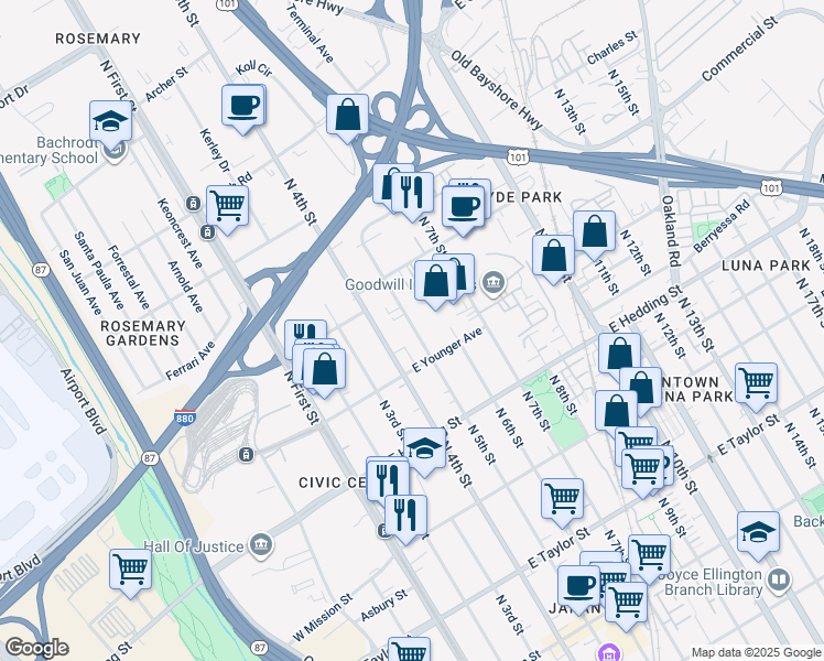 map of restaurants, bars, coffee shops, grocery stores, and more near 1045 North 5th Street in San Jose