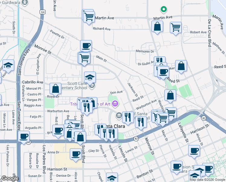 map of restaurants, bars, coffee shops, grocery stores, and more near 1954 Fillmore Street in Santa Clara