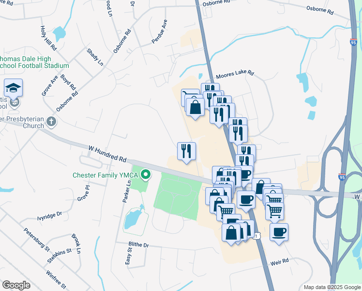 map of restaurants, bars, coffee shops, grocery stores, and more near 2900 Mountclair Road in Chester