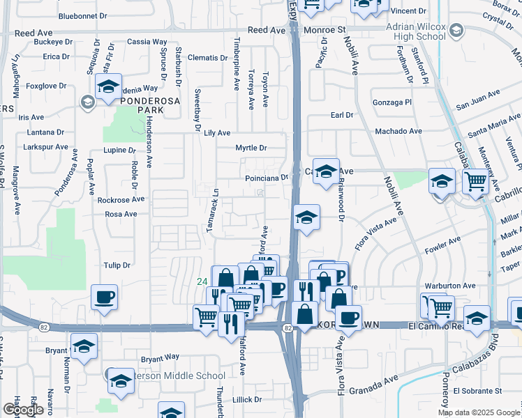 map of restaurants, bars, coffee shops, grocery stores, and more near 3705 Terstena Place in Santa Clara