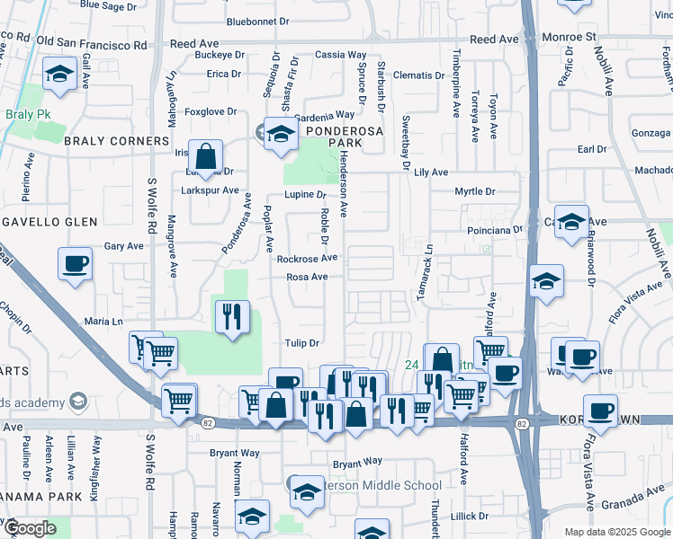 map of restaurants, bars, coffee shops, grocery stores, and more near 921 Henderson Avenue in Sunnyvale