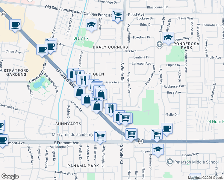 map of restaurants, bars, coffee shops, grocery stores, and more near 921 Mountain Ash Terrace in Sunnyvale